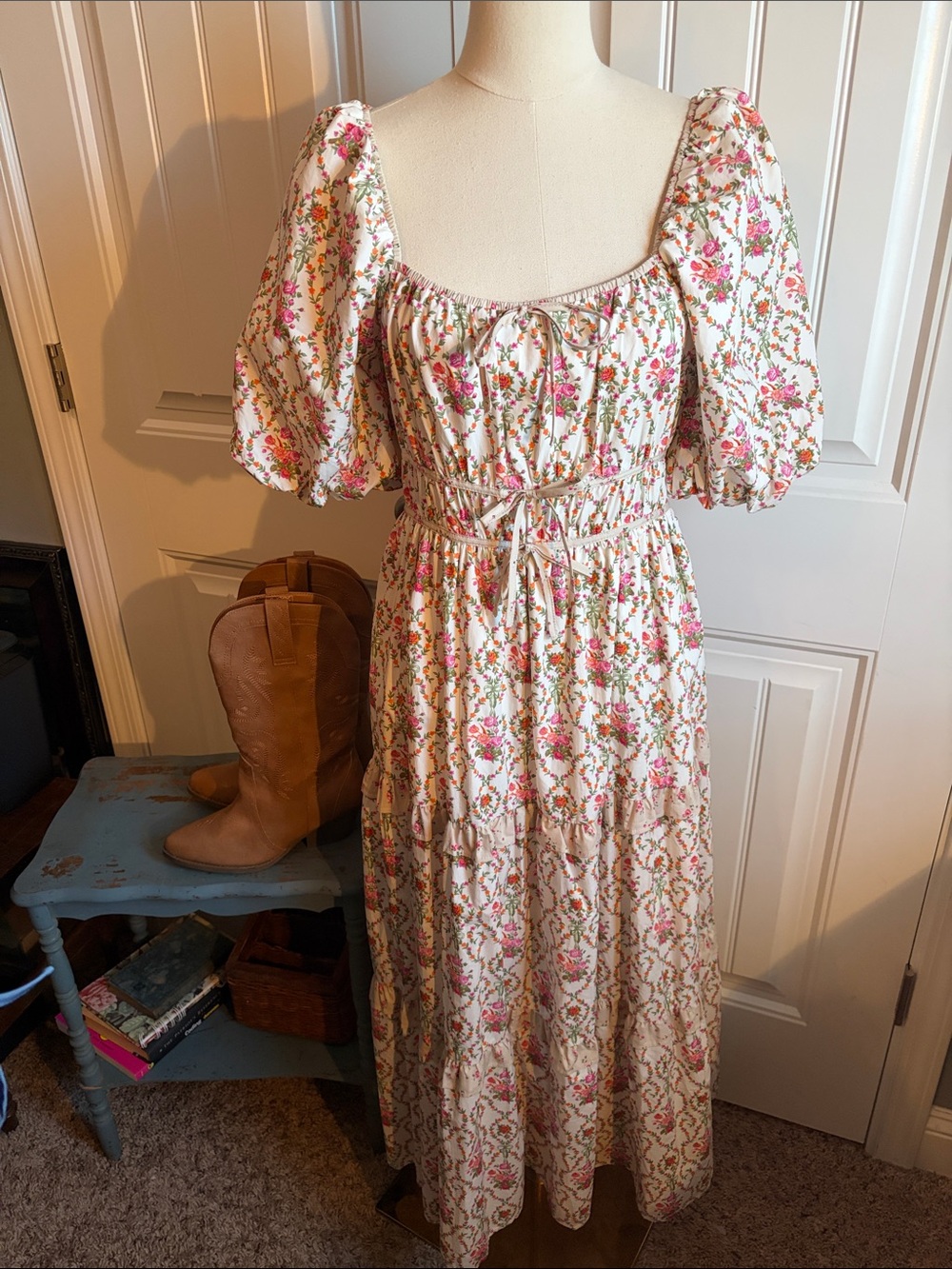 Peach Love California Cream Maxi Dress with Pink & Green Floral Print